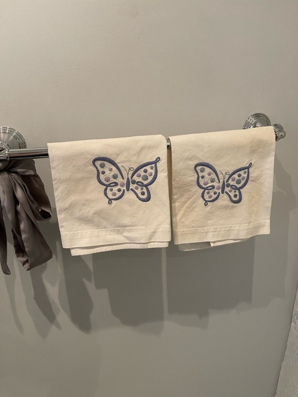 Pottery Barn Decorative Cotton Guest Hand Towel w Butterfly Embroidery Set of 2